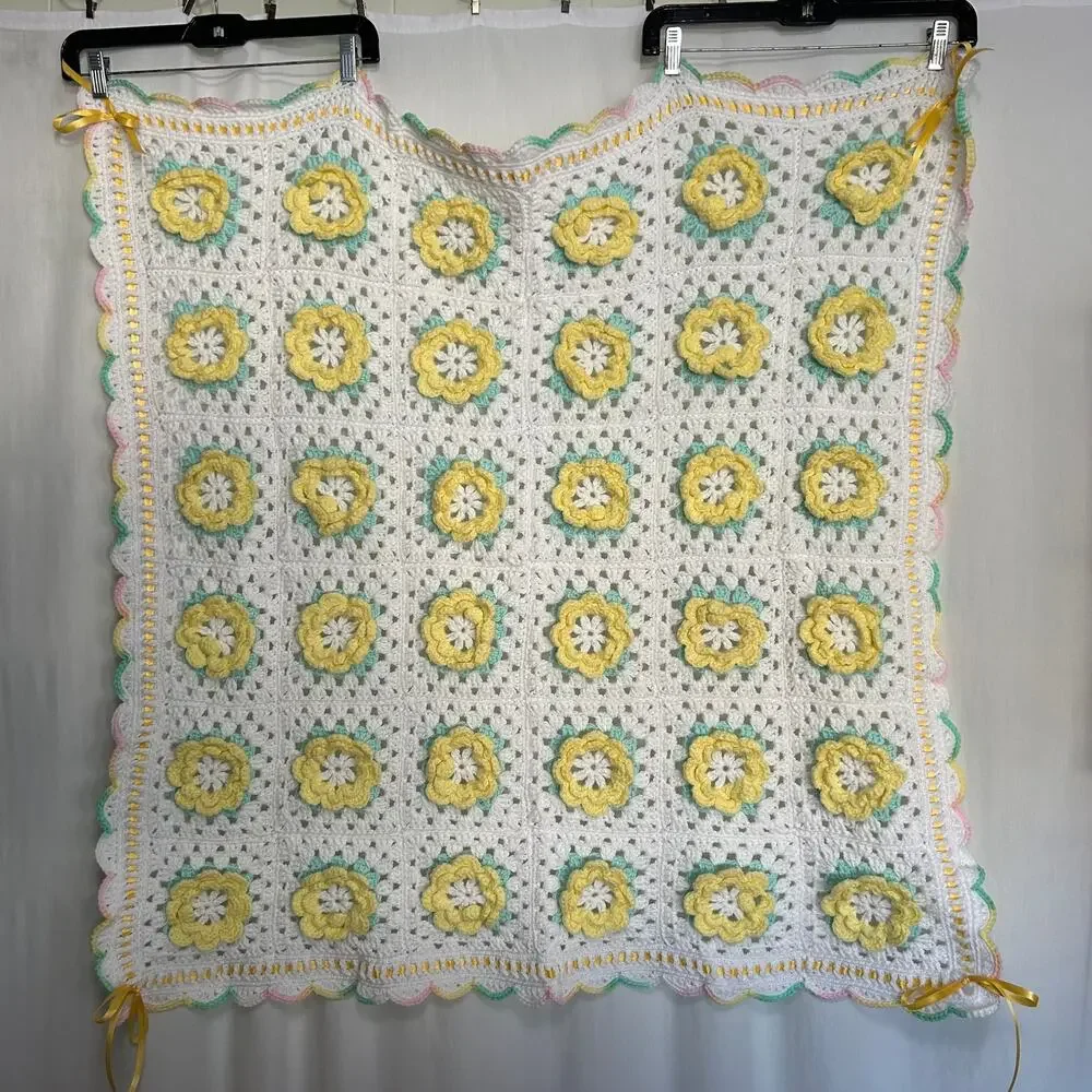 Handmade 3D Floral Baby Afghan 39x39 Green Yellow‎ Pink White